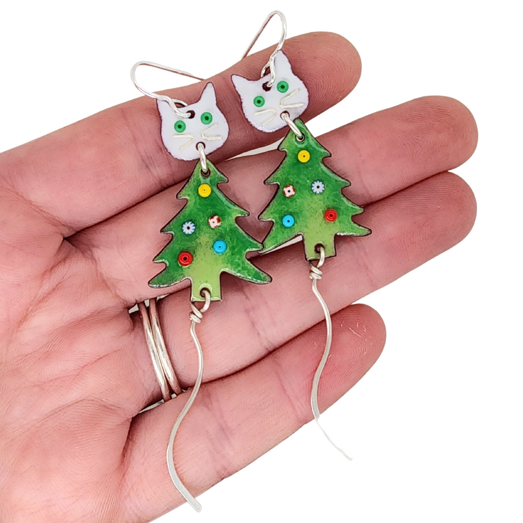 colorful glass enamel Christmas tree earrings