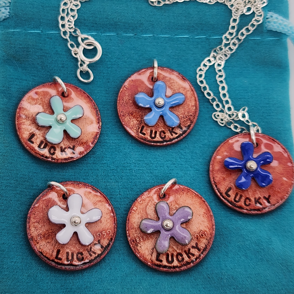 copper pennies with glass enamel and flowers