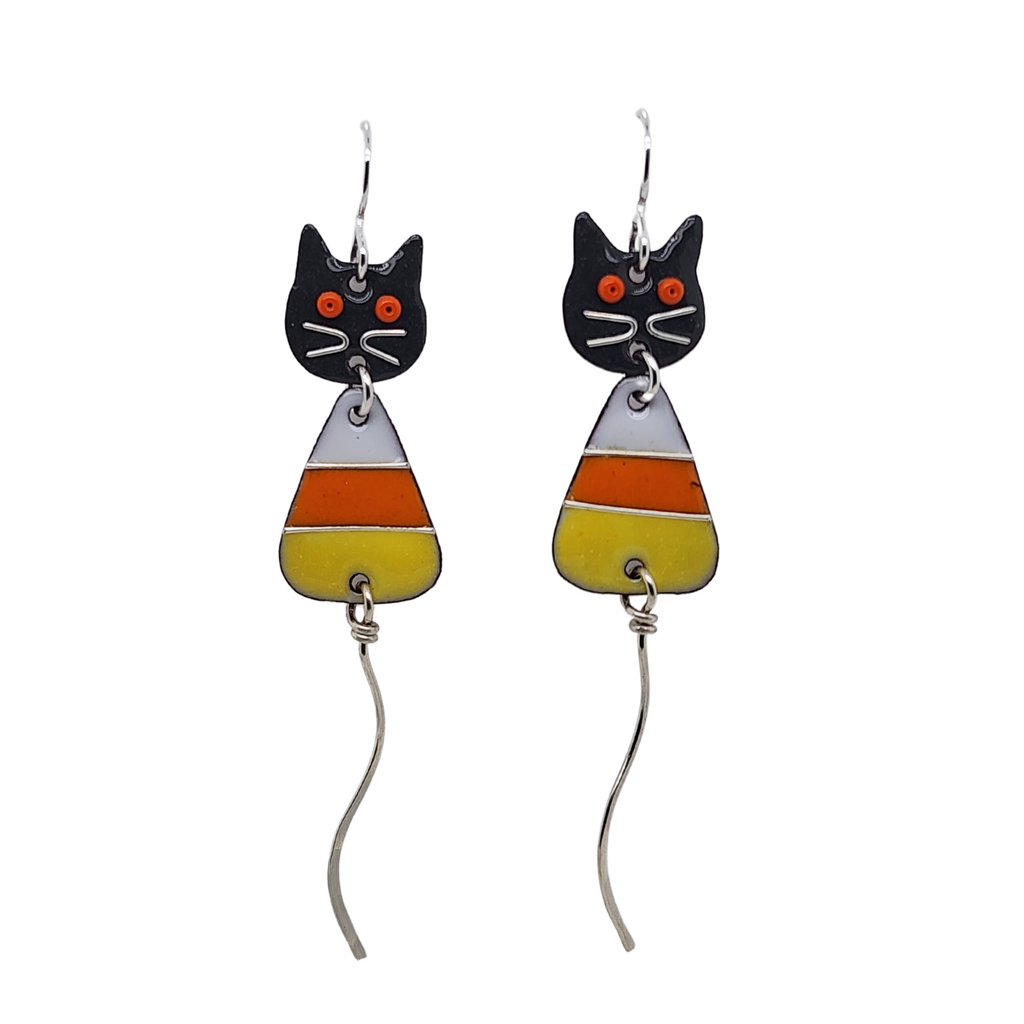 gray cat earrings with long tails and candy corn bodies
