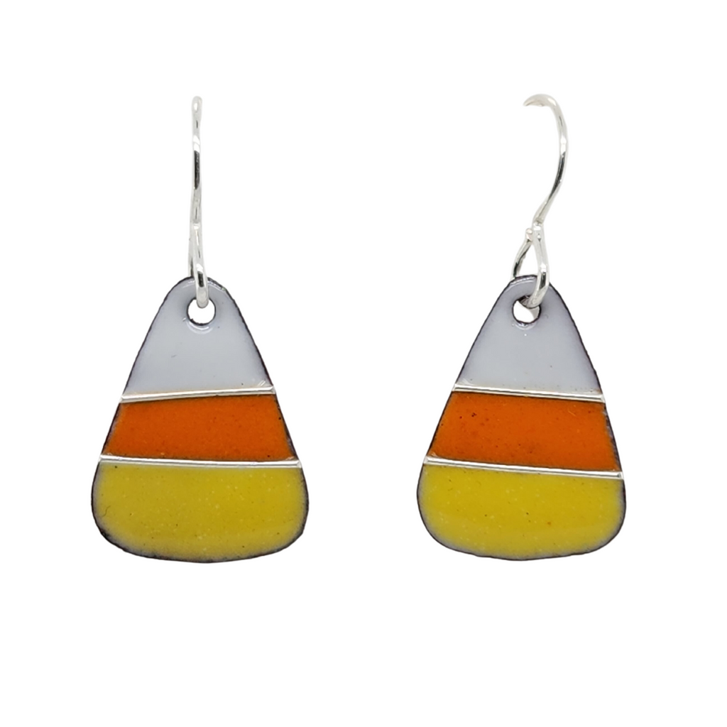 glass enamel earrings representing candy corn