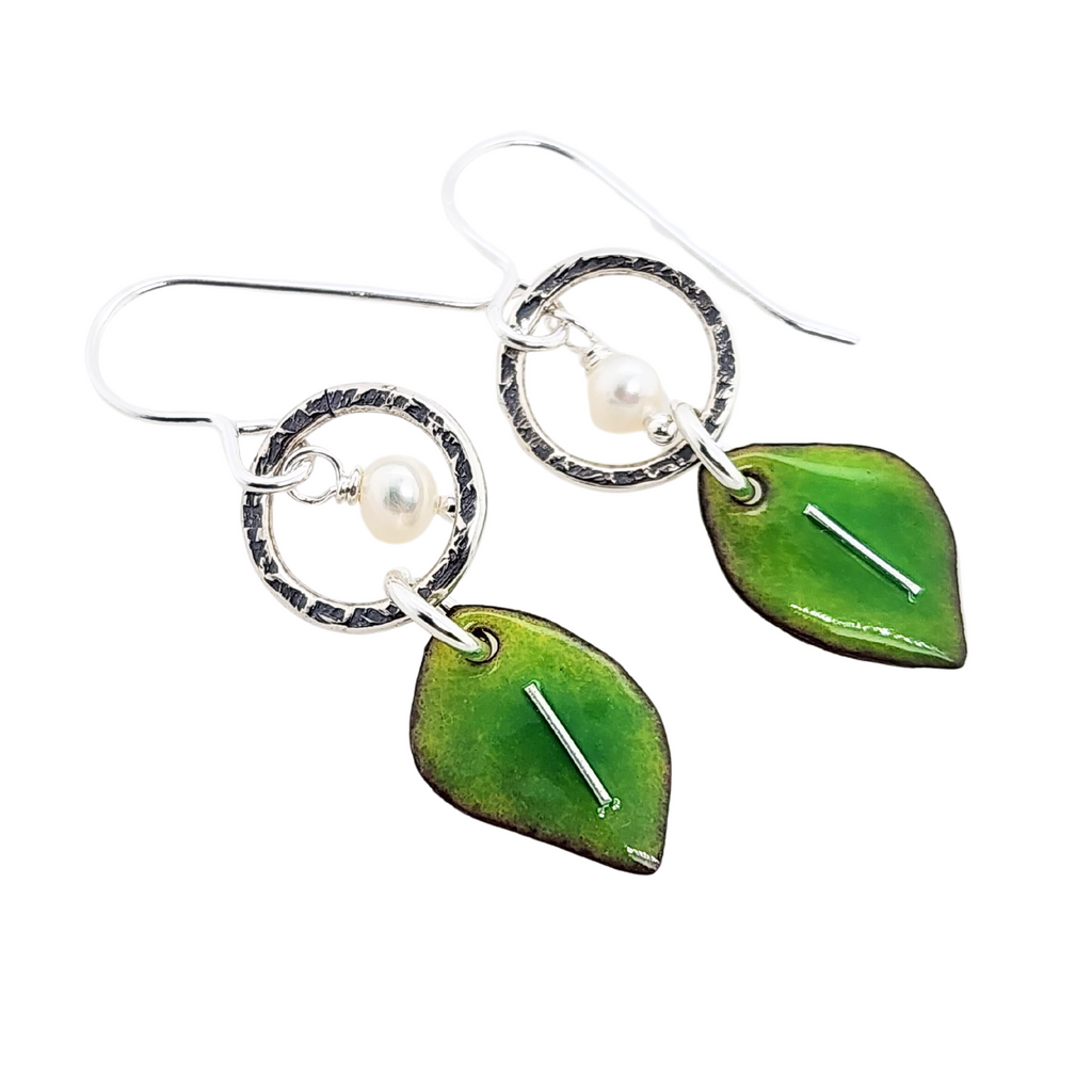 green leaf earrings with freshwater pearls