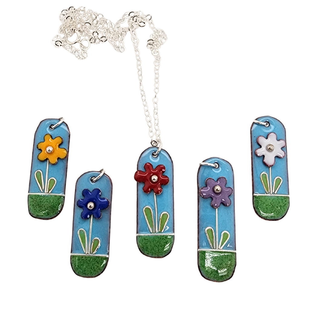 5 different flower color options on the flower scape necklaces