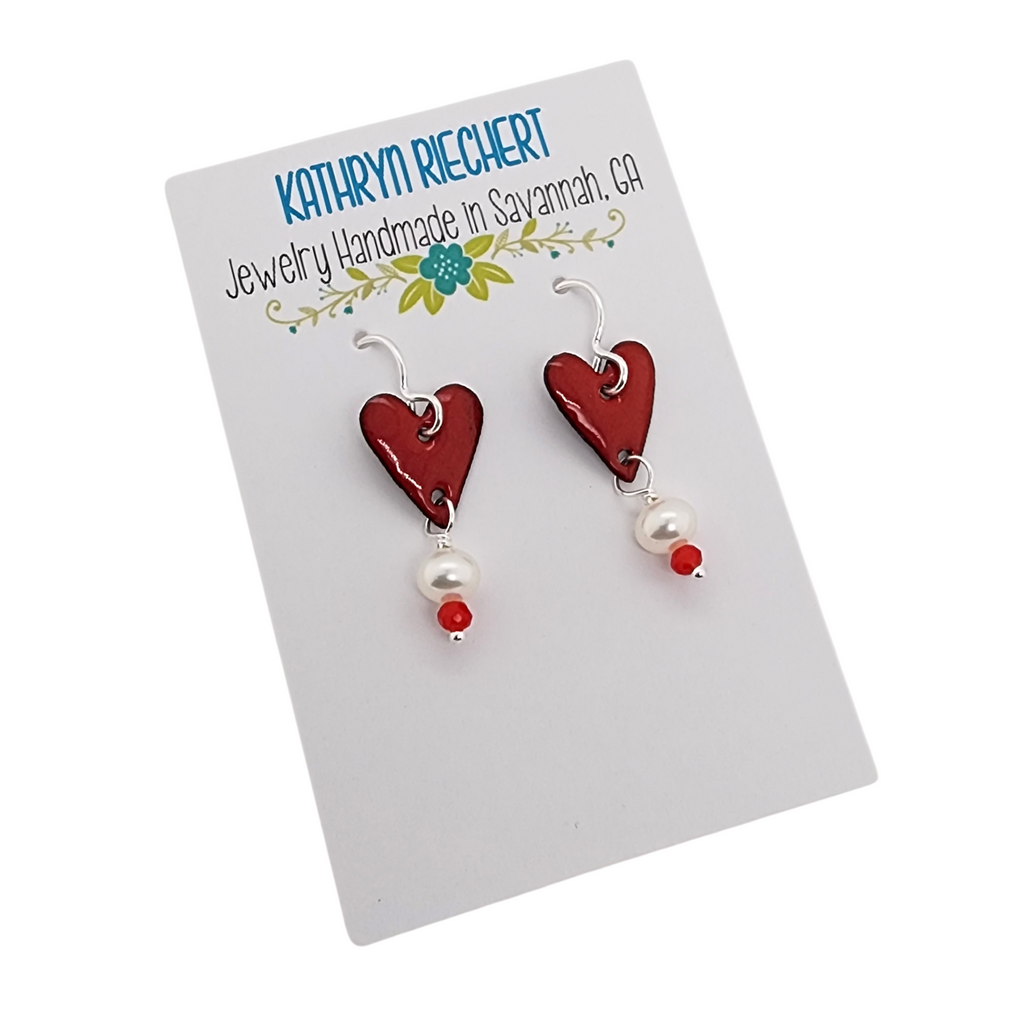red heart earrings with pearls