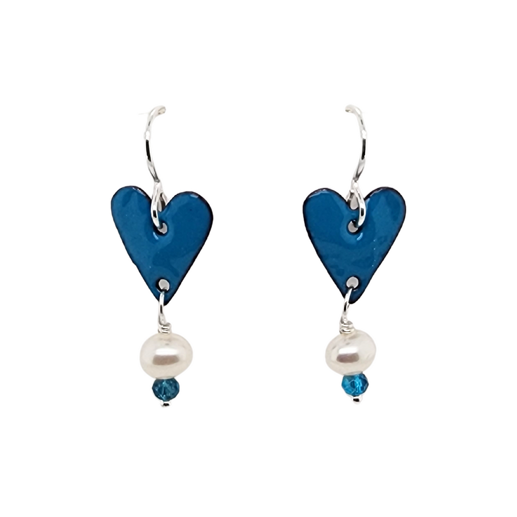 blue heart dangle earrings with pearls