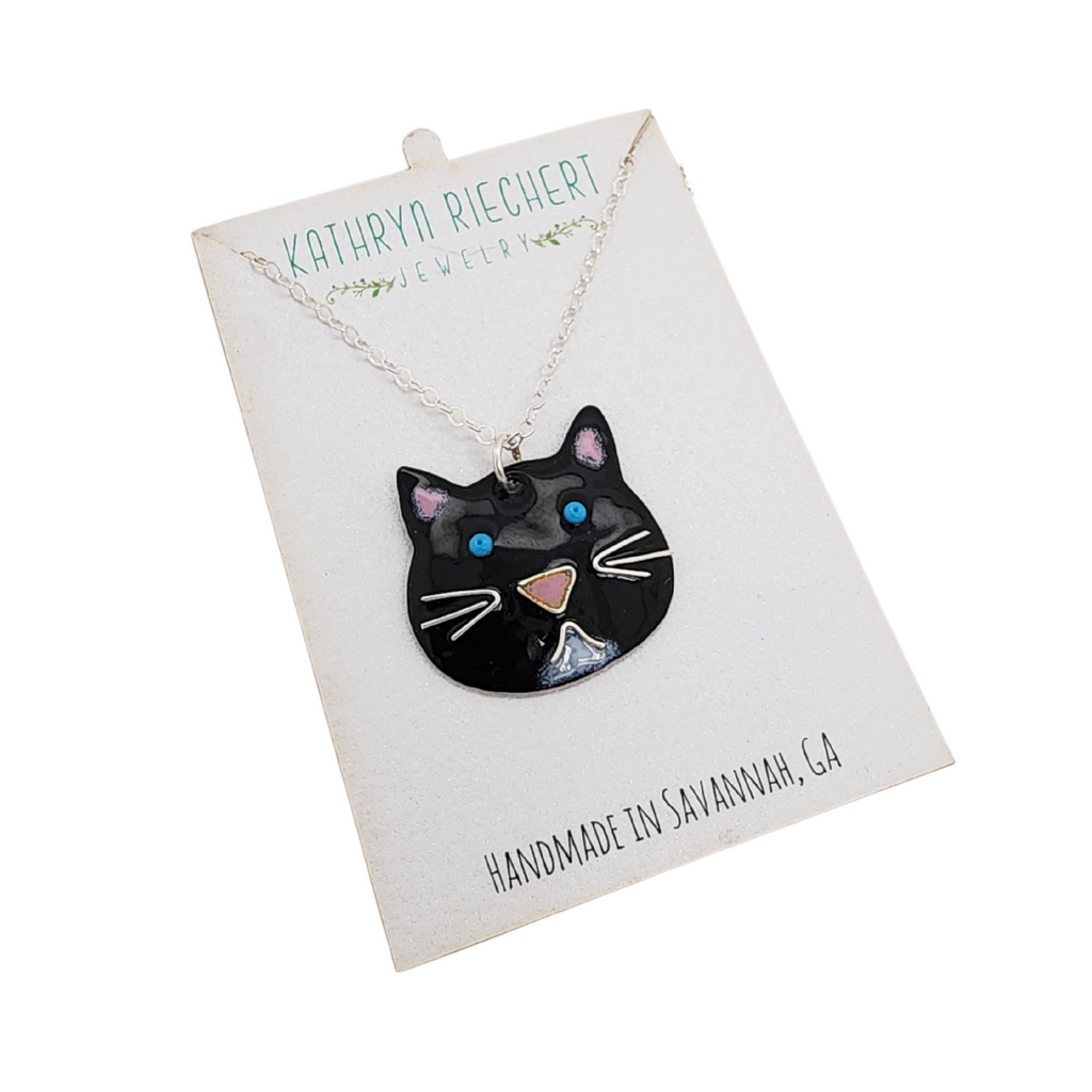 fused glass cat charm necklace in black and white