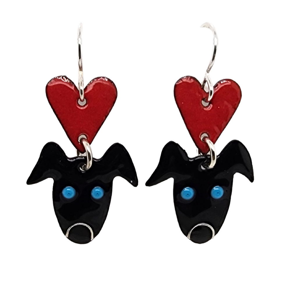 black dog earrings with red hearts, handmade in Savannah