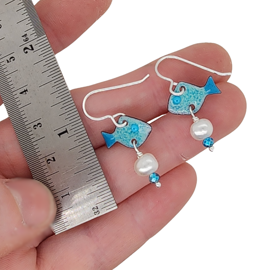 aqua blue fish earrings with pearls