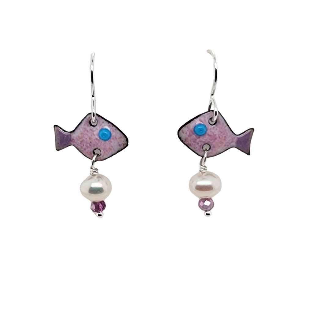 pink fish earrings with purple tails