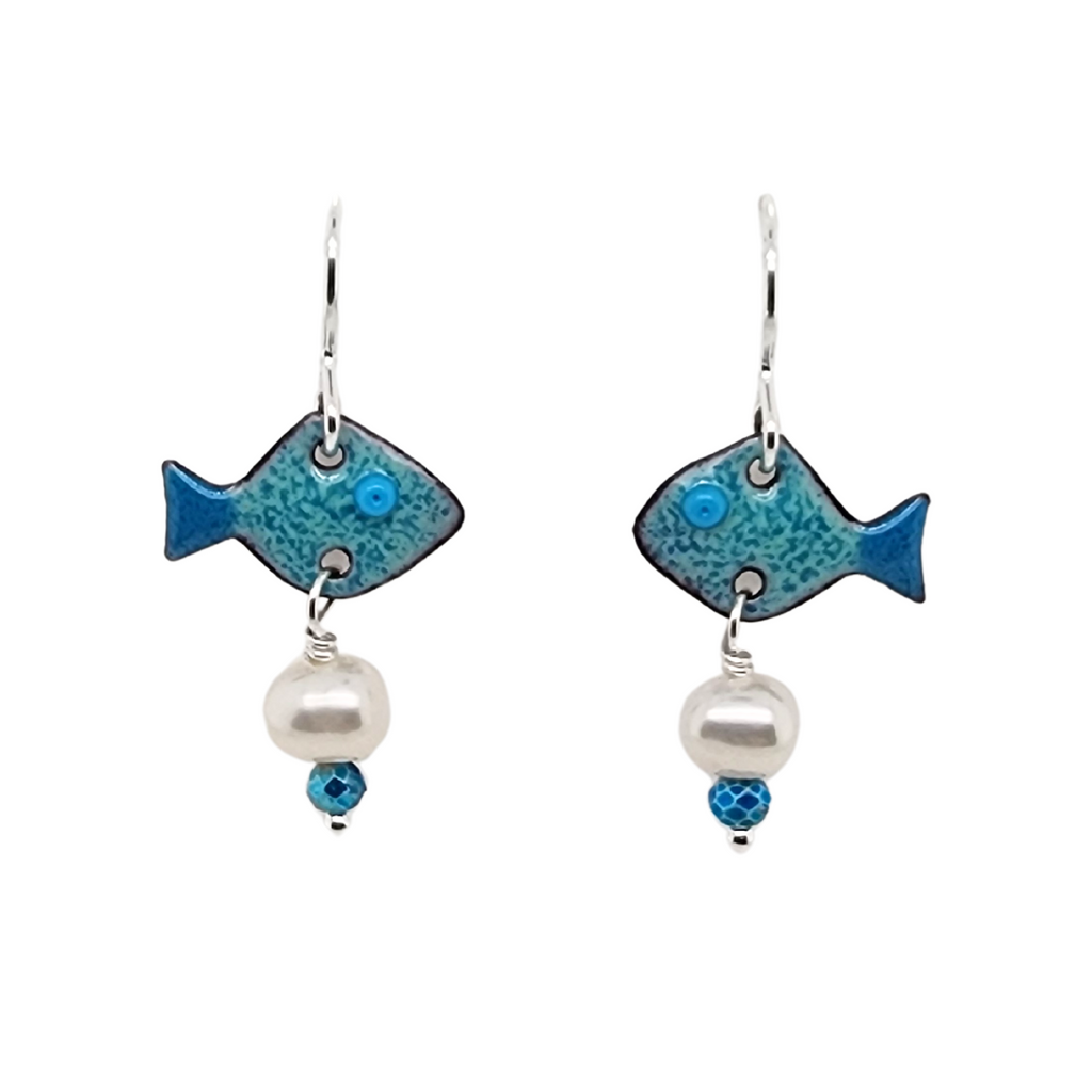 aqua blue fish earrings made of glass enamel