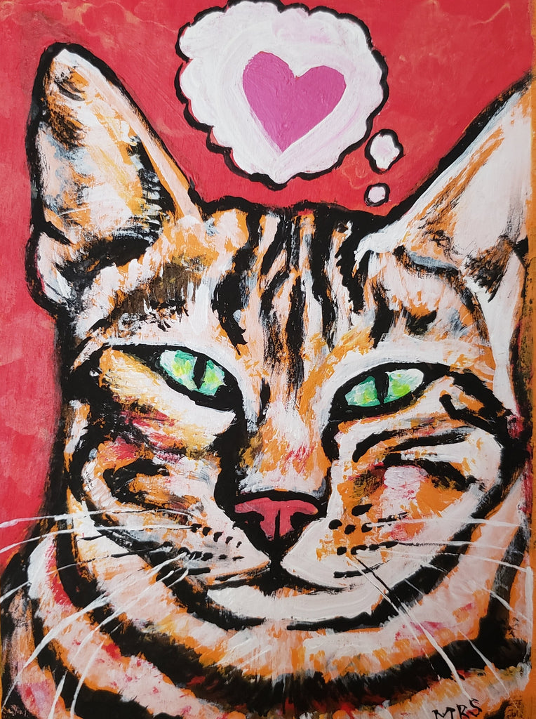 folk art painting of a cat red and pink