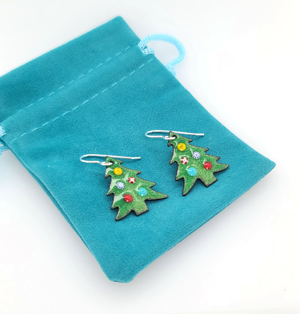 Christmas tree earrings with colorful ornaments