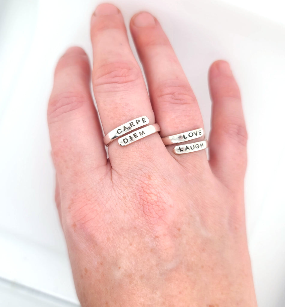 hand stamped wrap rings adjustable style