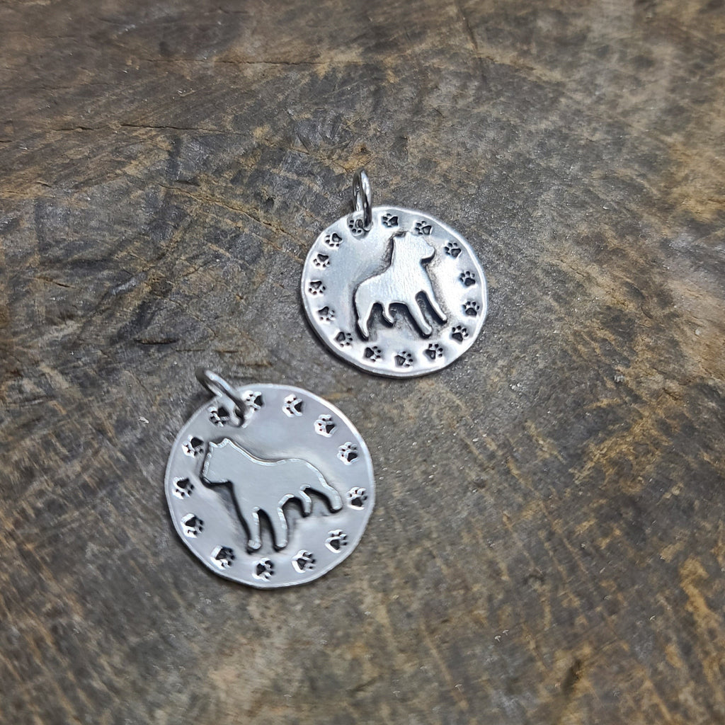 hand cut silver charm with pit bull