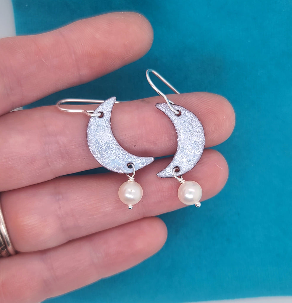 glass enamel moon earrings with pearls