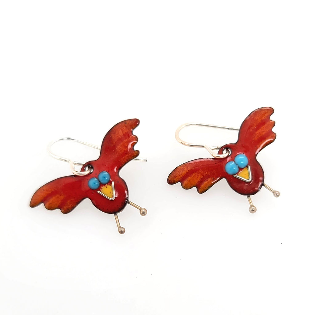 enameled bird earrings with wings raised
