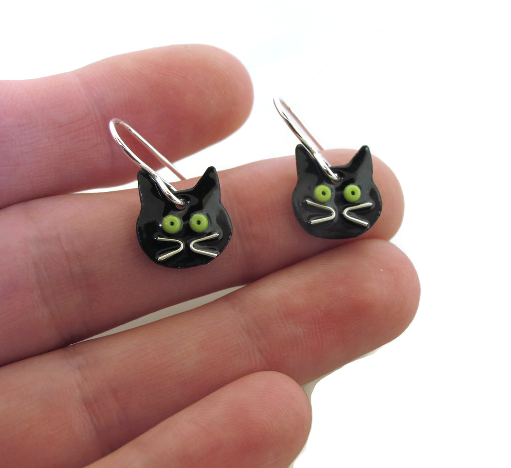 enameled earrings, halloween and goth cat earrings