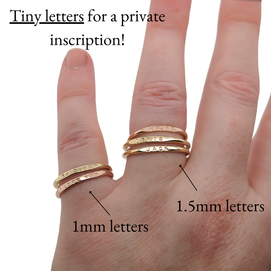 1mm and 1.5mm lettering on gold stacking rings