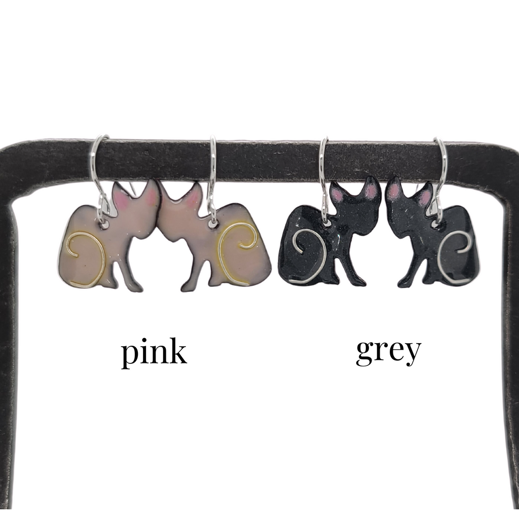 pink and grey sphynx cat earrings