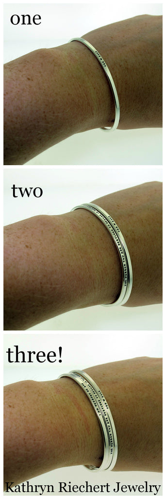 examples of one two or three handstamped silver cuff bracelets made by kathryn riechert jewelry