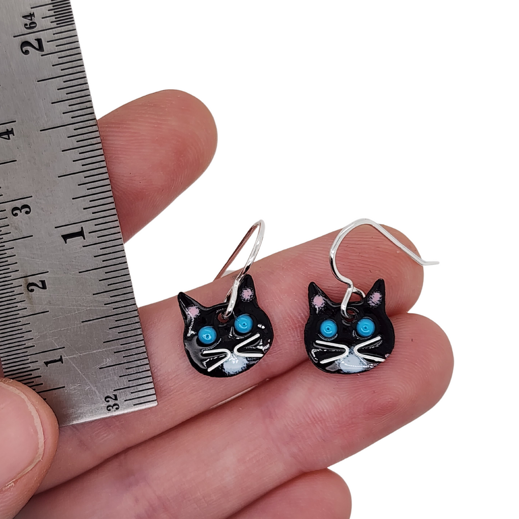 tuxedo cat earrings made out of glass enamel