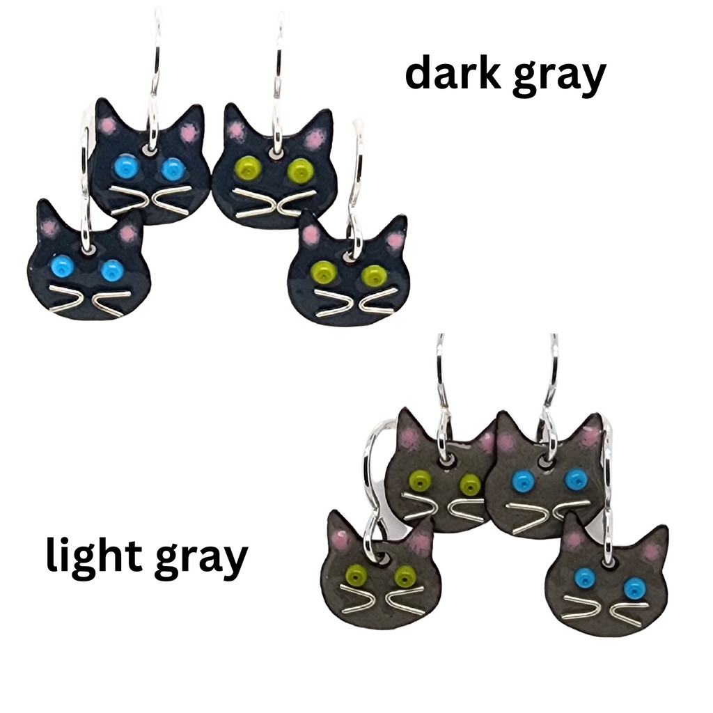 dark gray and light gray cat head earrings