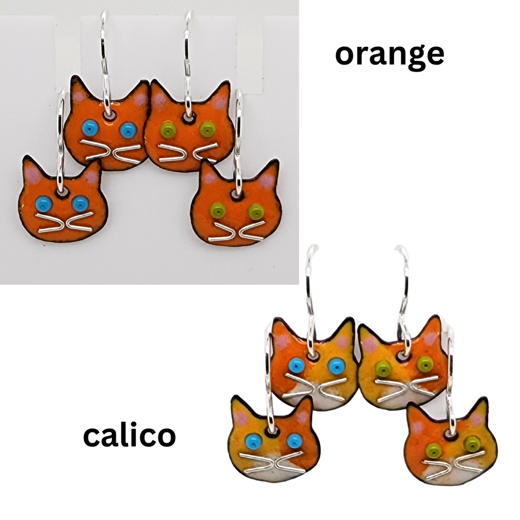 petite cat earrings in orange and calico colors, made out of glass enamel