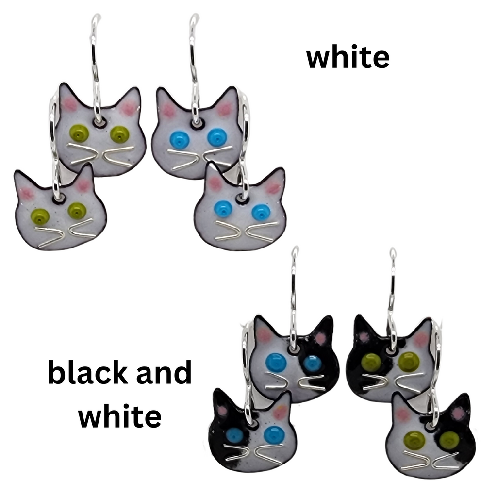 white cat earrings and black and white cat earrings, small and lightweight for daily wear
