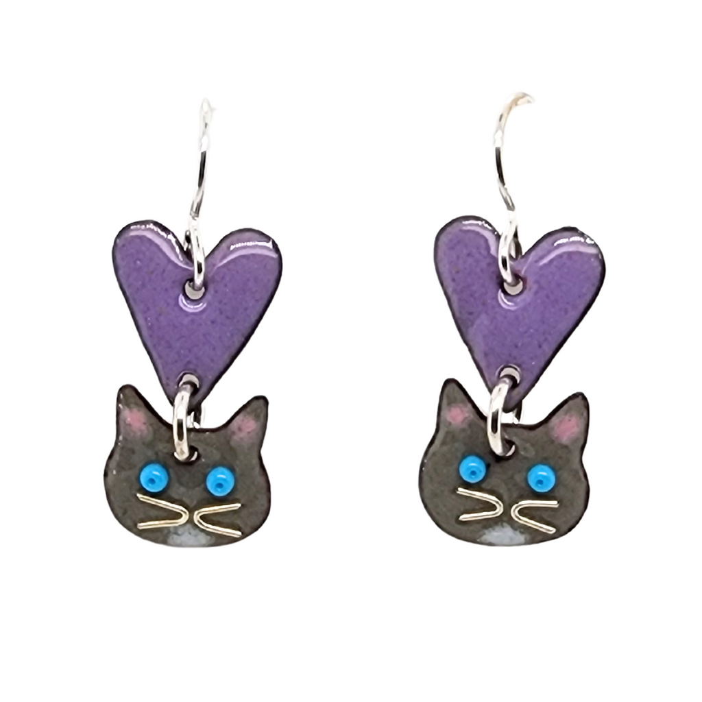 purple heart earrings with grey cats