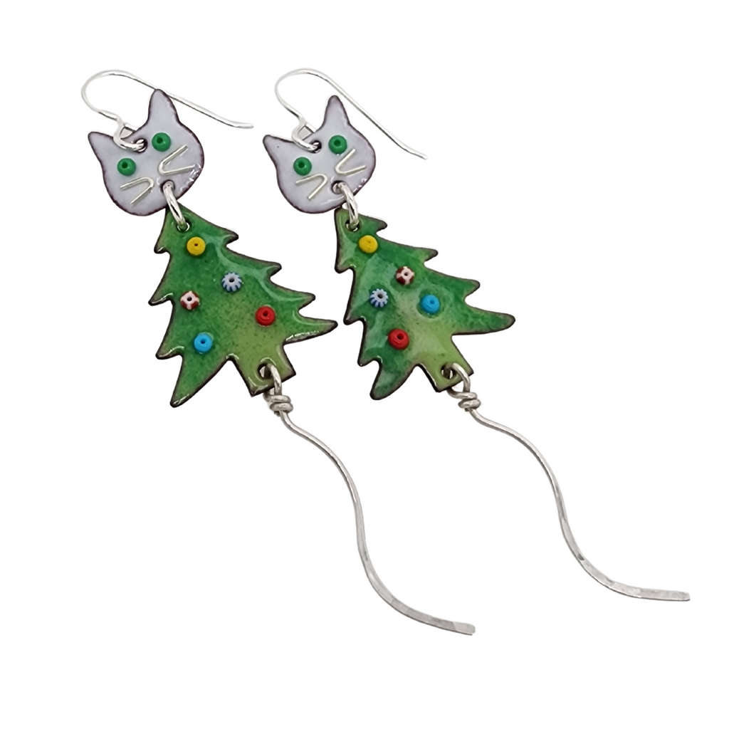 green and white Christmas earrings with cats