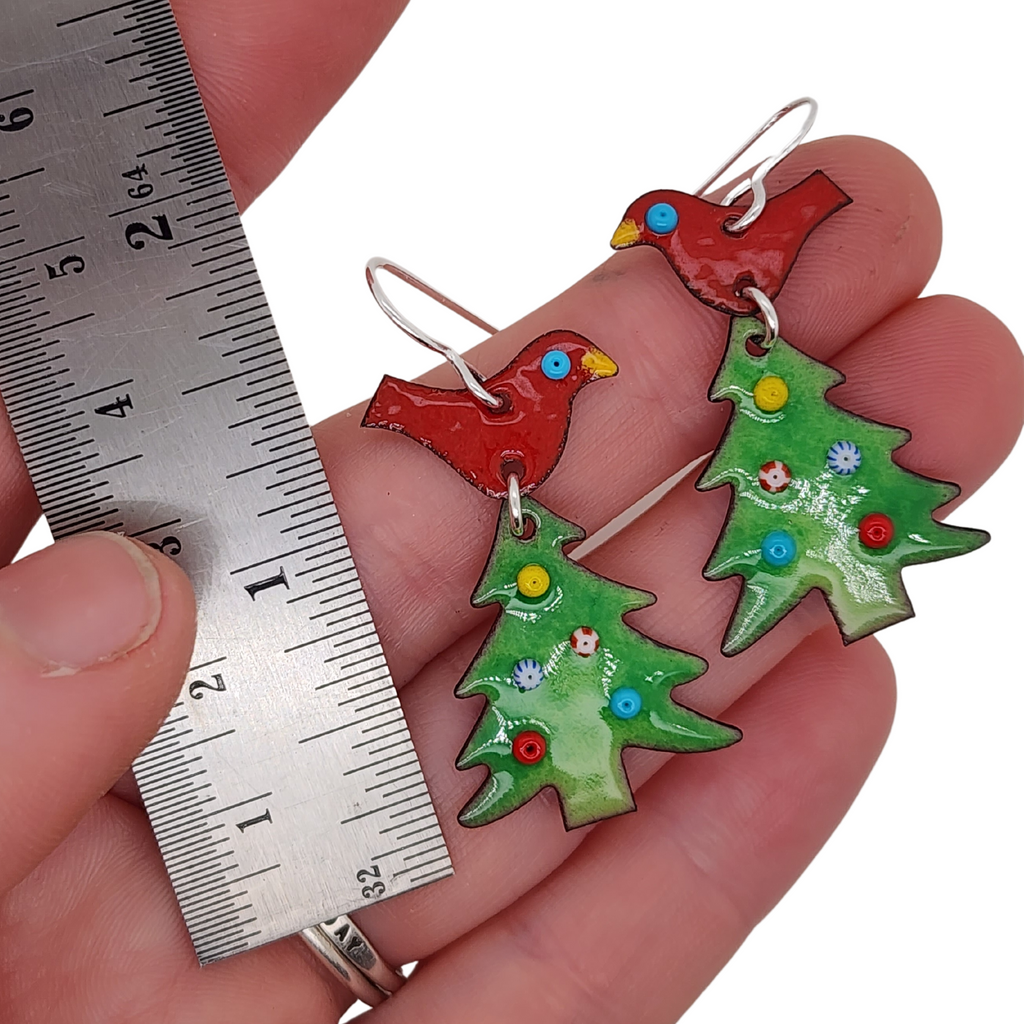 dangle earrings for the Christmas season, colorful birds and trees