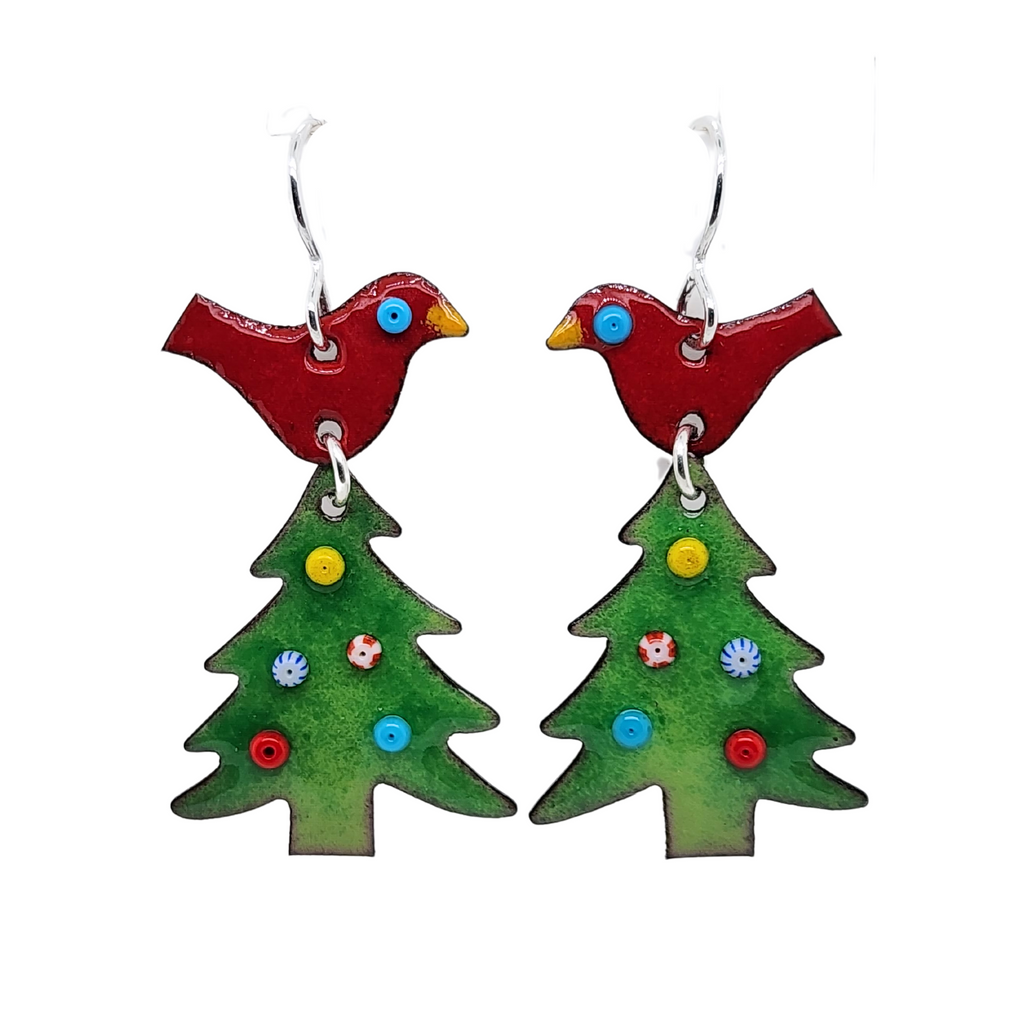 vibrant holiday earrings for Christmas, red birds on green Christmas trees