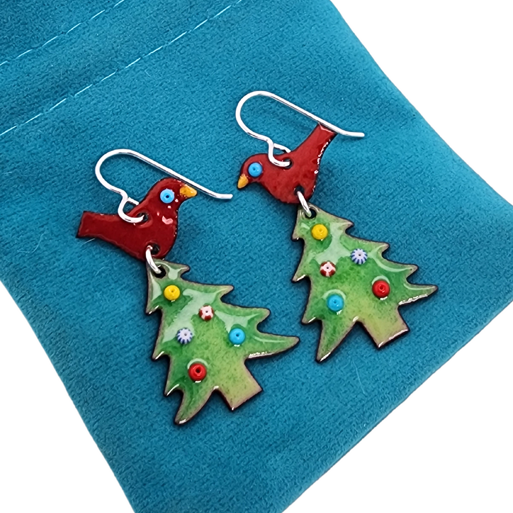 red bird and Christmas tree earrings