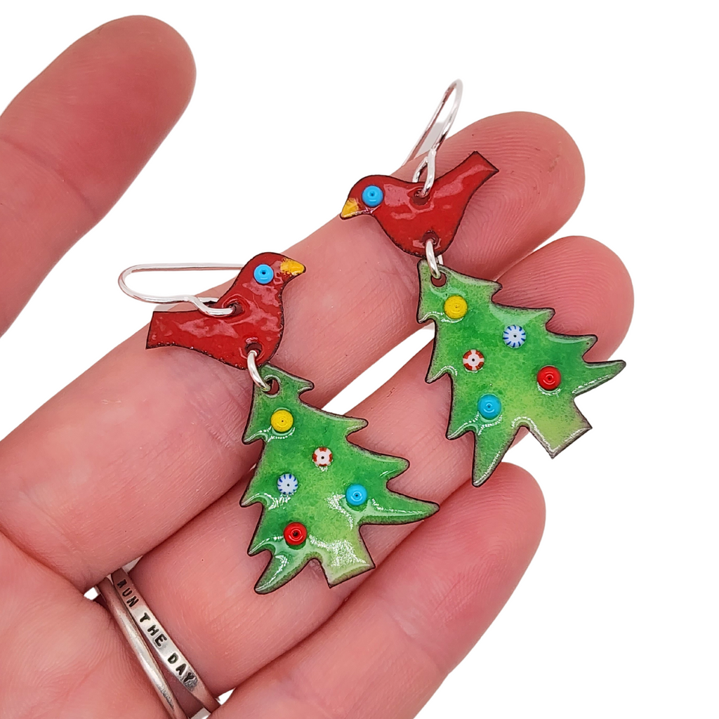 handmade enamel earrings, red birds on Christmas trees