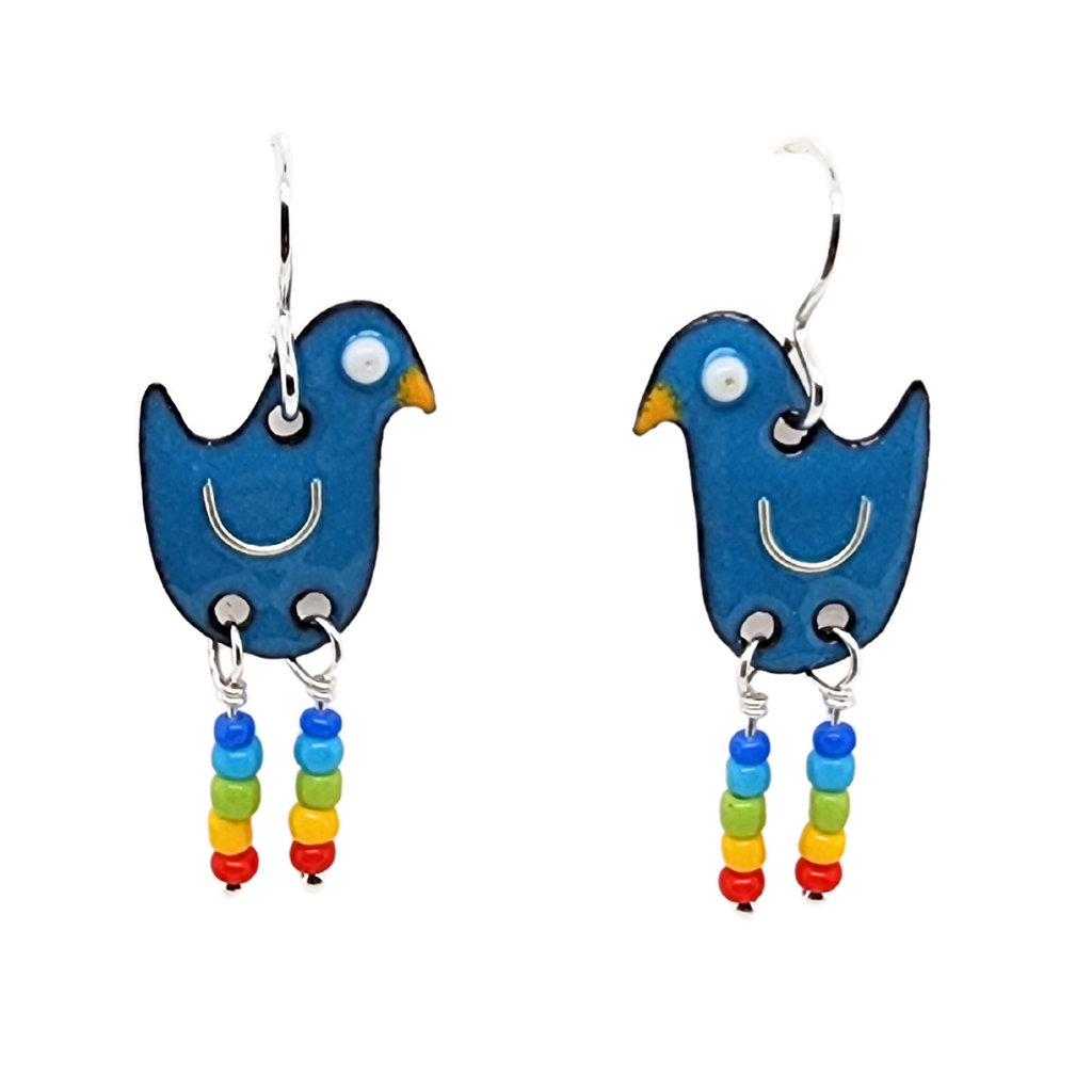 colorful bird earrings with rainbow leg warmers