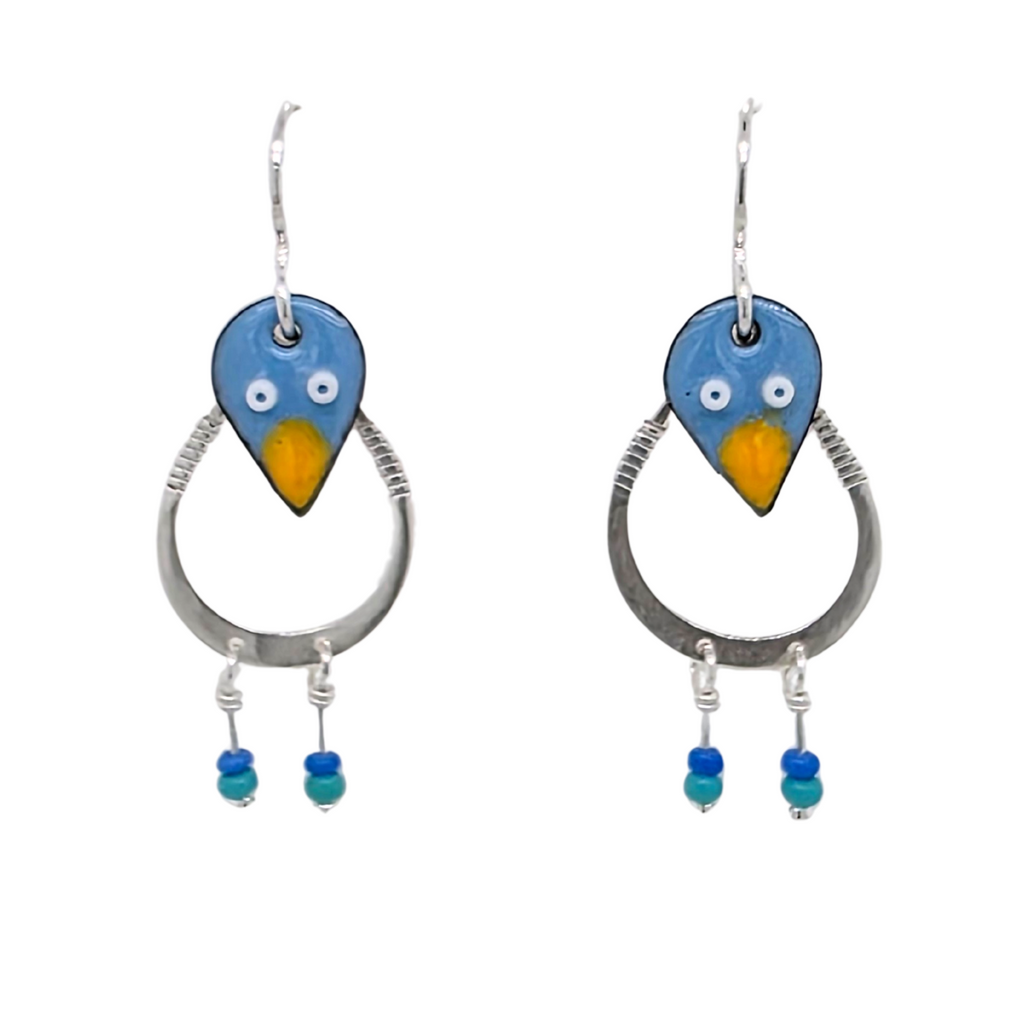 playful bird earrings with dangling legs