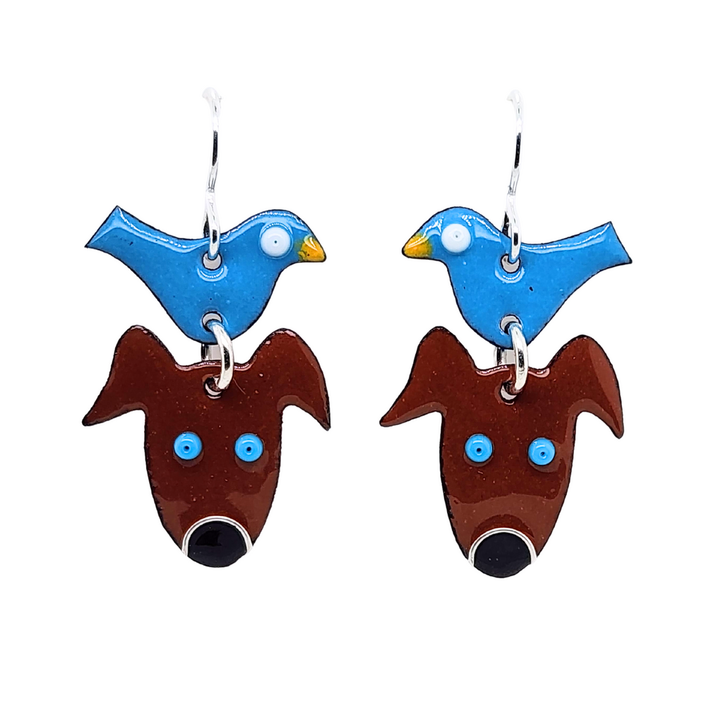 bird dog earrings with blue birds and brown dogs