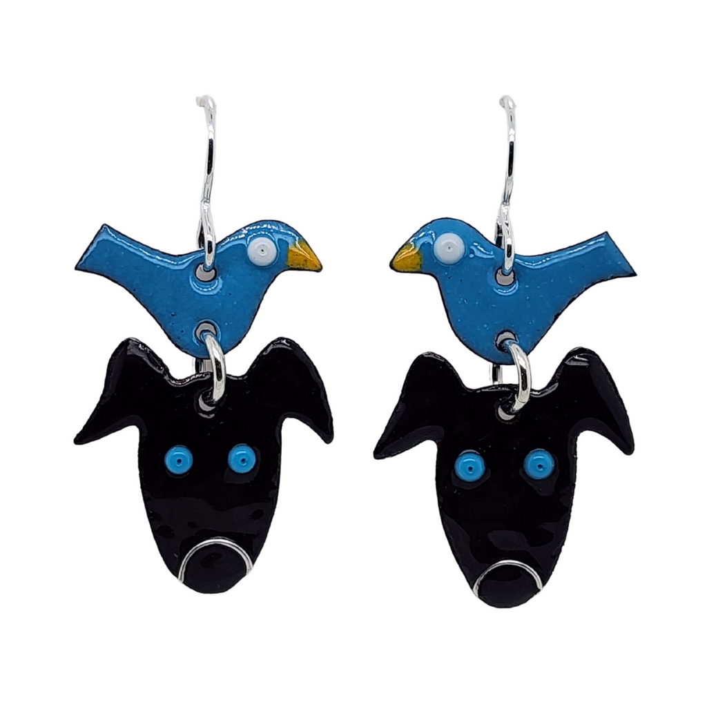fun dangle earrings with black dogs and blue birds