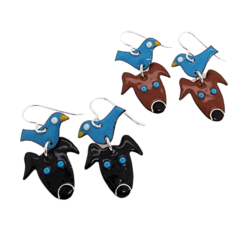 two different options for bird dog earrings, brown dogs or black dogs