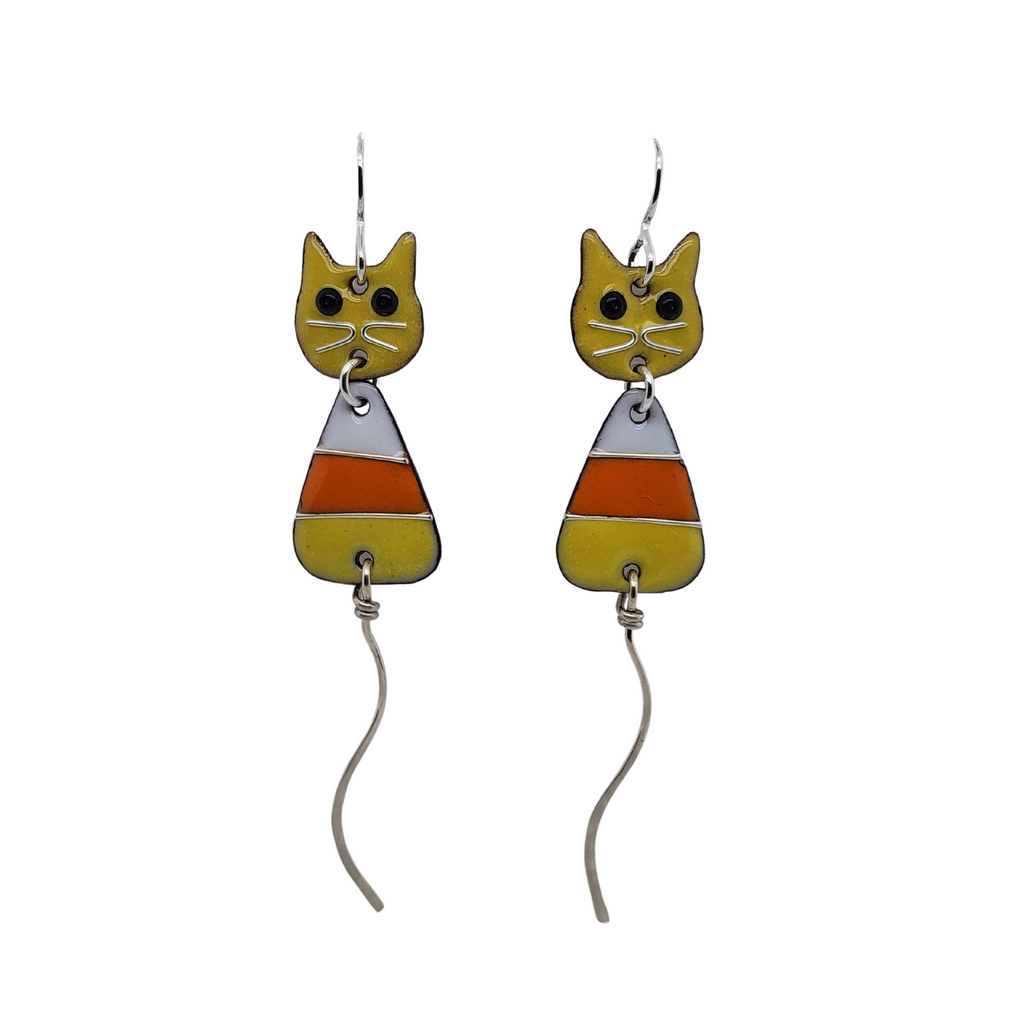 yellow cat earrings with long tails
