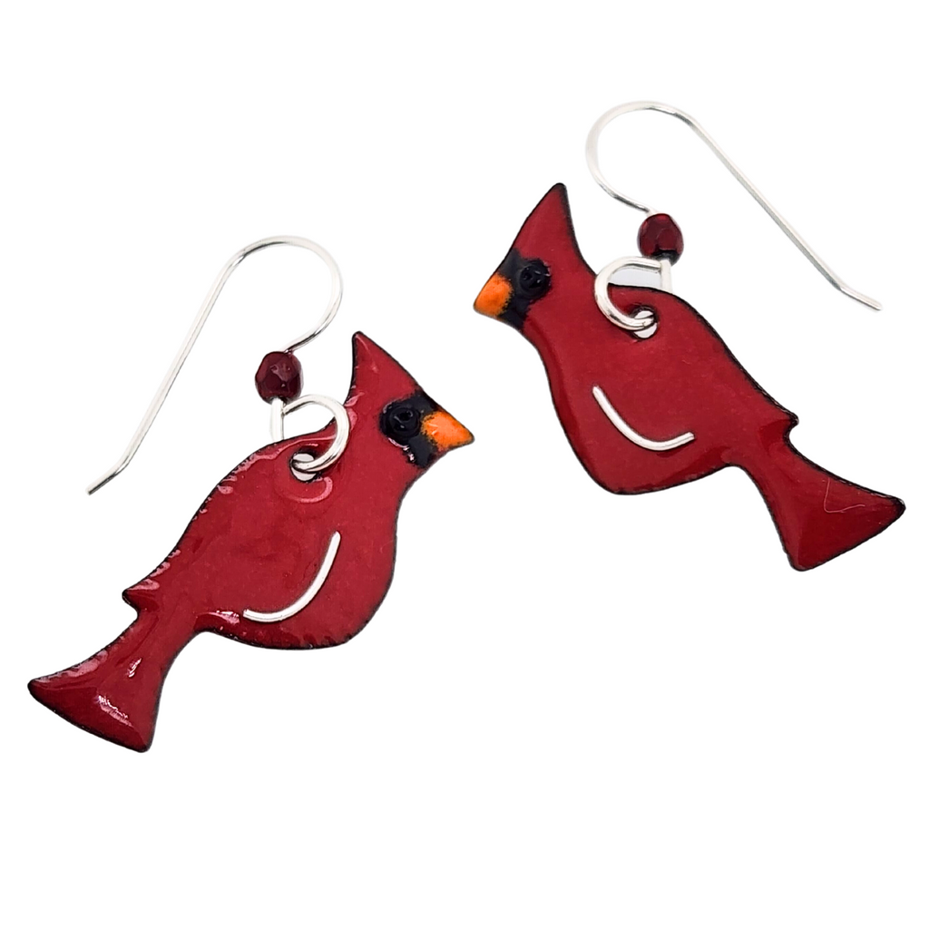 red cardinal earrings handmade by Kathryn Riechert