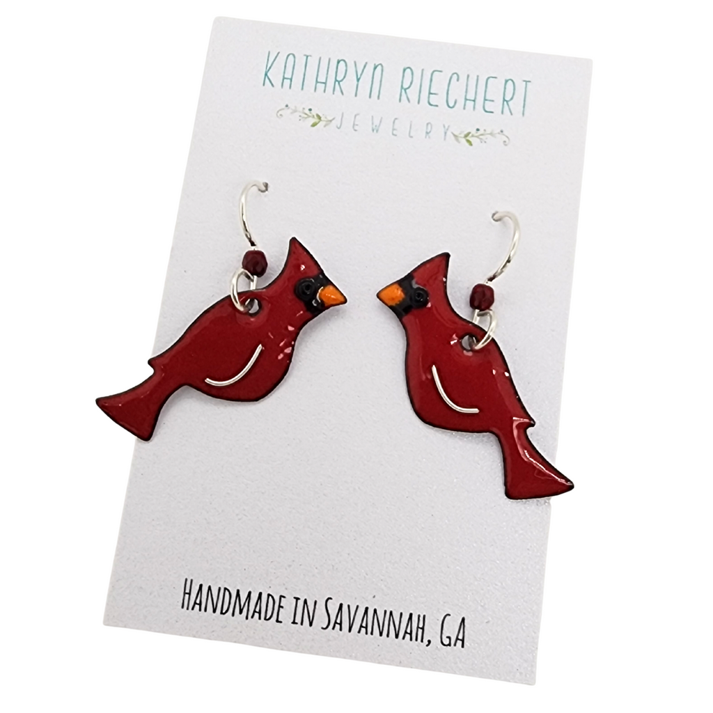 red bird earrings with cardinal design