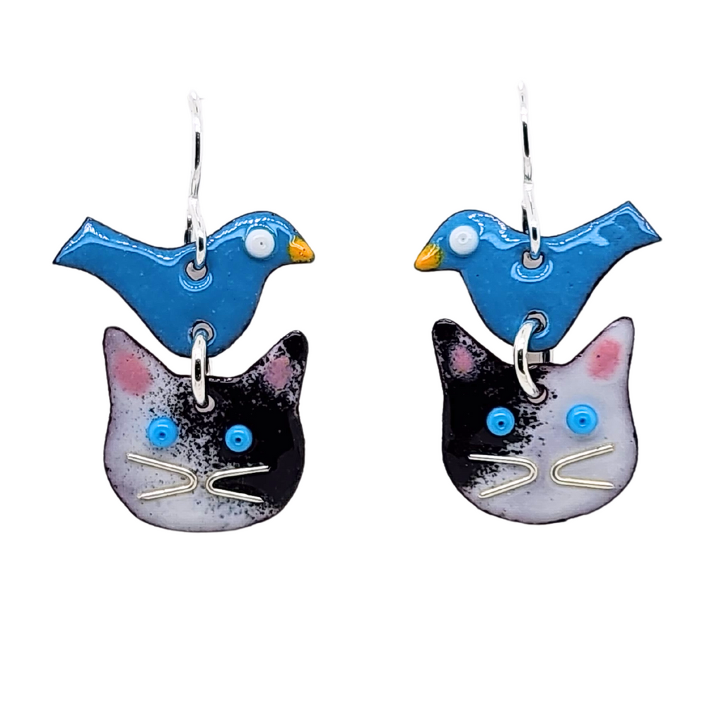 Cat bird earrings by Kathryn Riechert