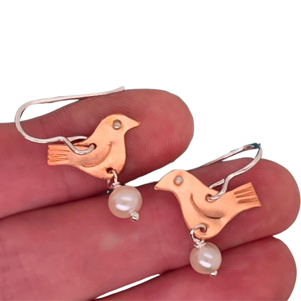 hand stamped copper bird earrings