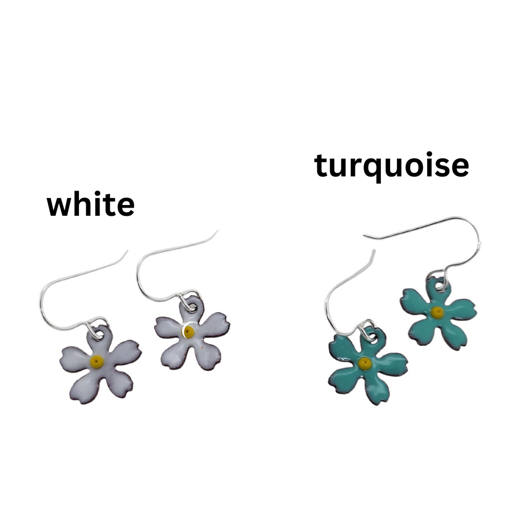 white and turquoise flower earrings handmade by Kathryn Riechert