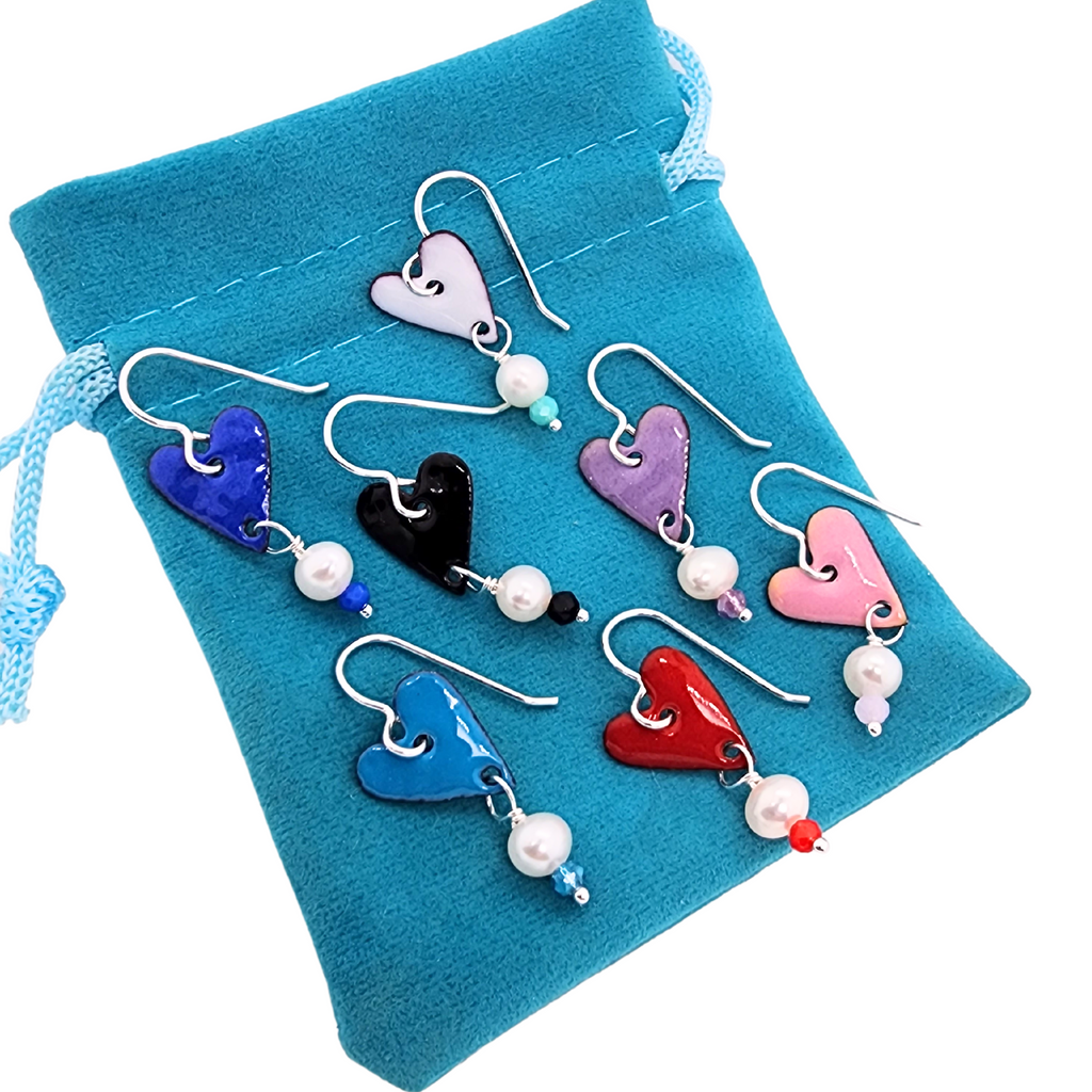 colorful heart earrings handmade from glass enamel