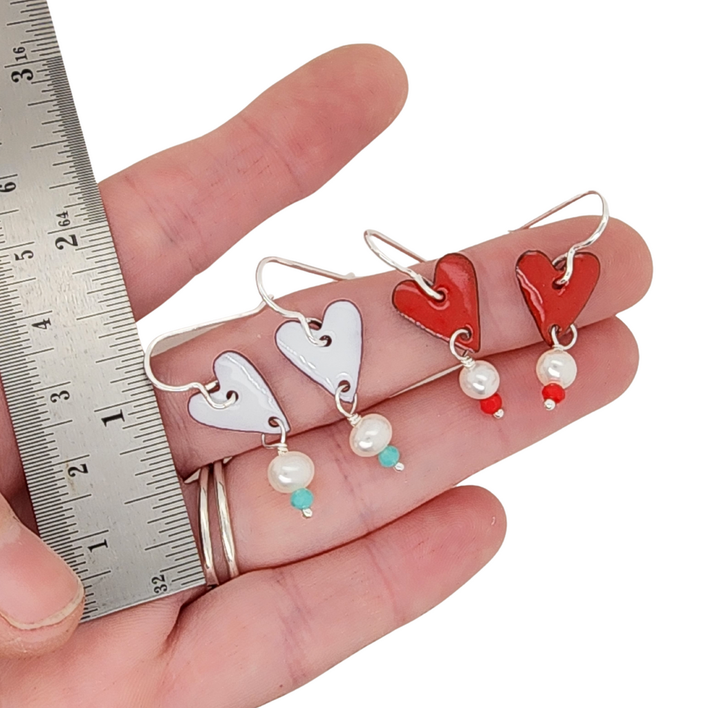 Enameled earrings by Kathryn Riechert Jewelry, featuring a heart design