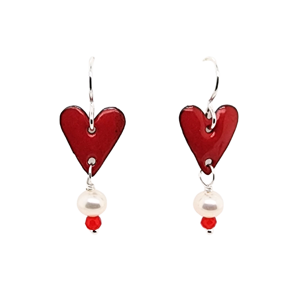 red heart earrings with white freshwater pearls