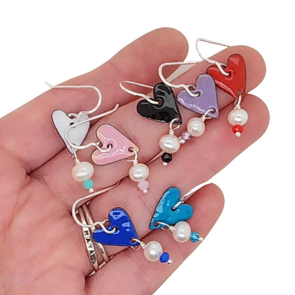 7 different color options for glass enamel heart earrings