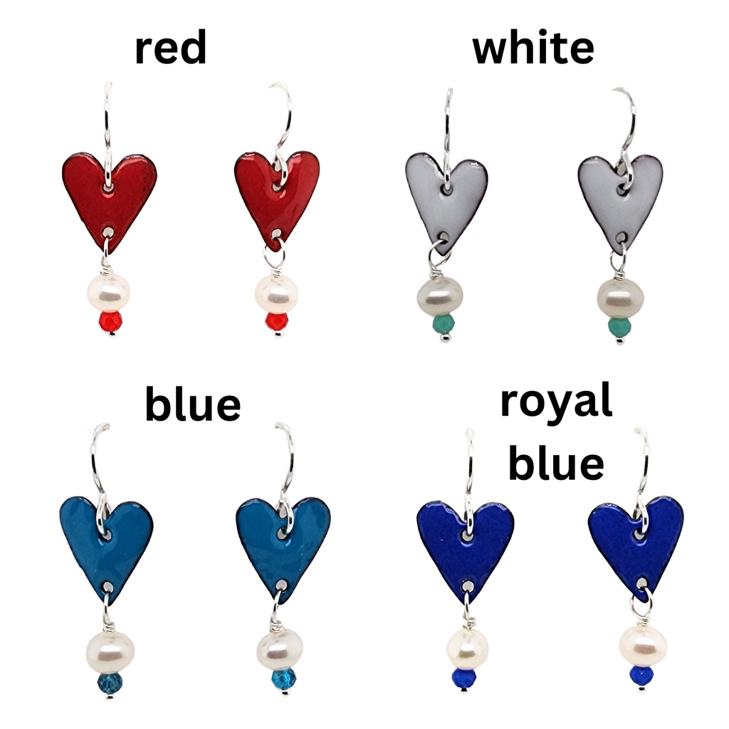 red, white, blue, and royal blue color options for enameled heart earrings