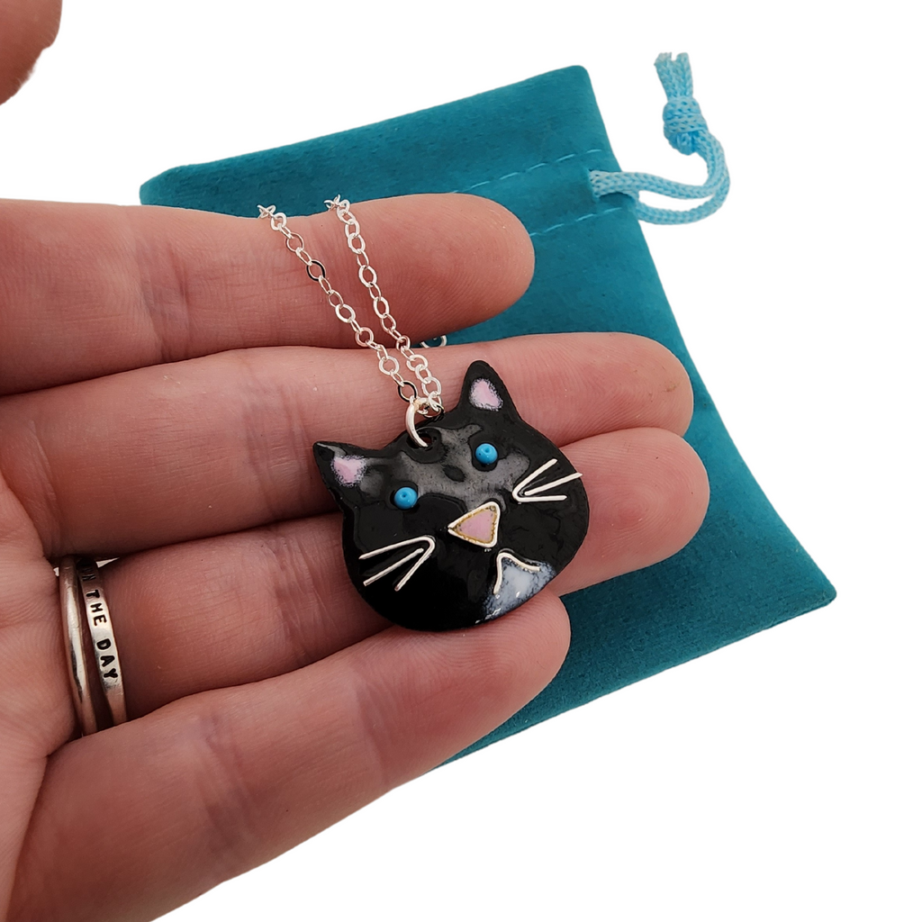 handmade necklace in shape of  a tuxedo cat